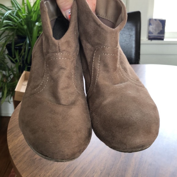 Faux suede stacked heel booties • Grayish Tan • 7.5 - 7 1/2 - Picture 2 of 7
